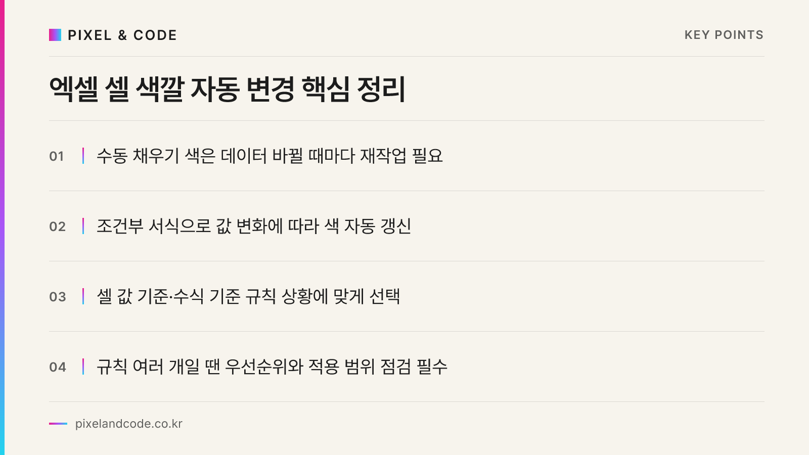 엑셀 셀 색깔 자동 변경 핵심 정리