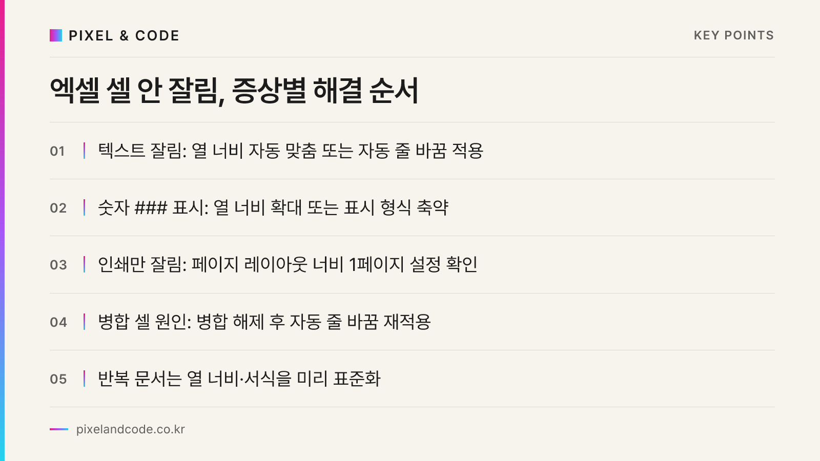 엑셀 셀 안 잘림, 증상별 해결 순서