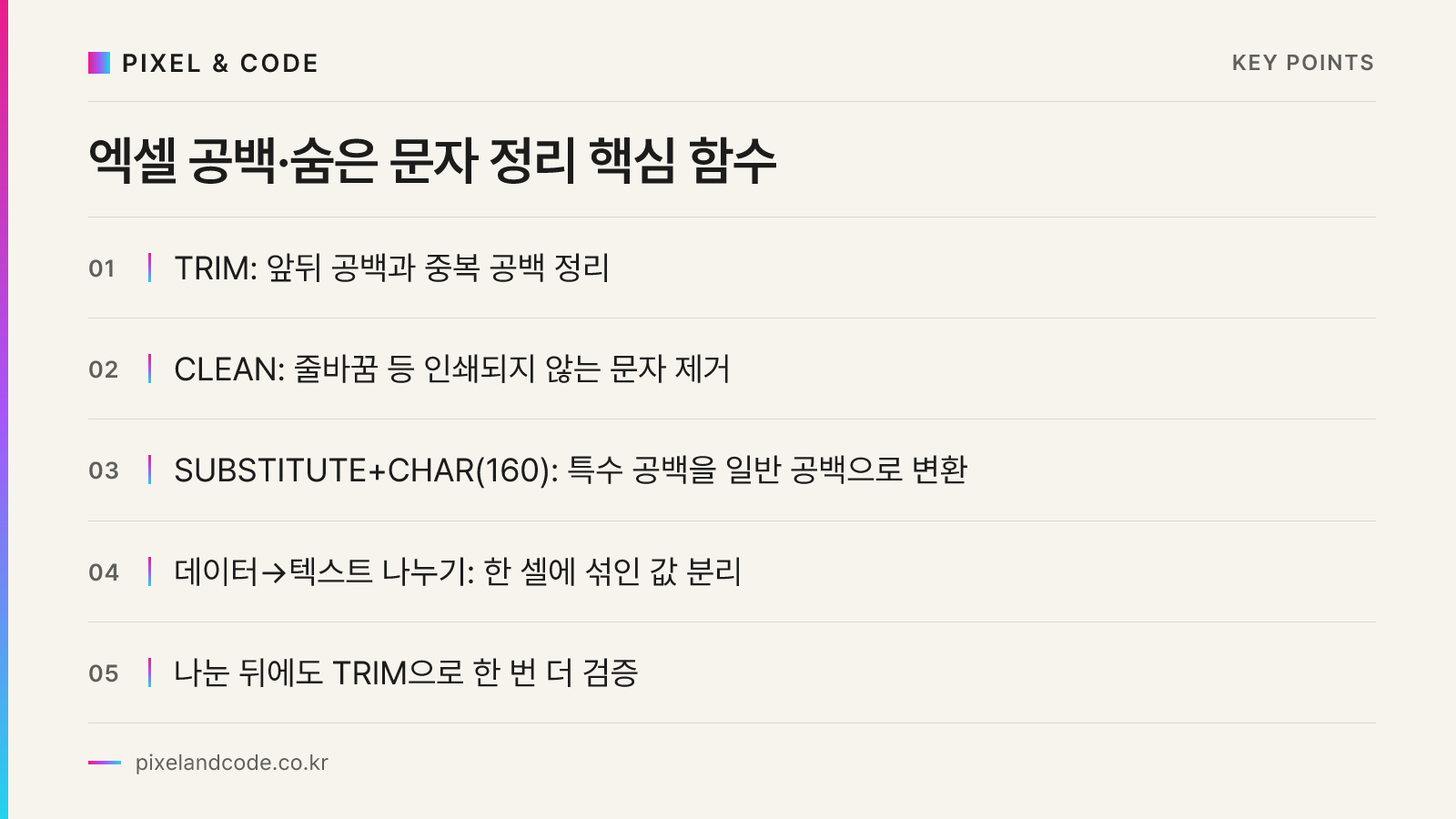 엑셀 공백·숨은 문자 정리 핵심 함수