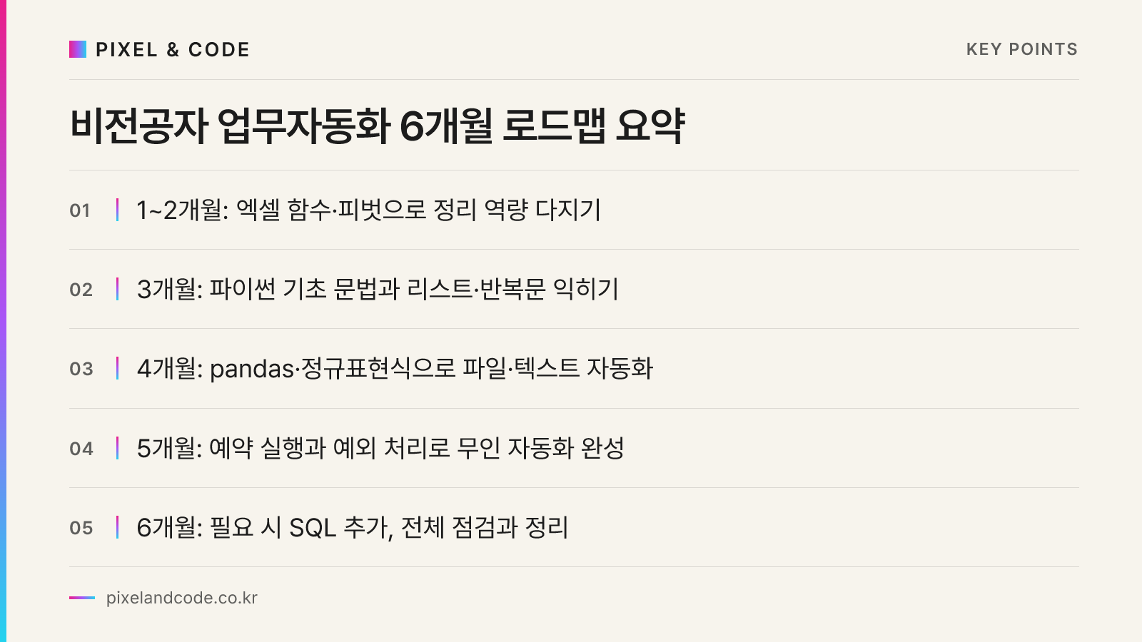 비전공자 업무자동화 6개월 로드맵 요약