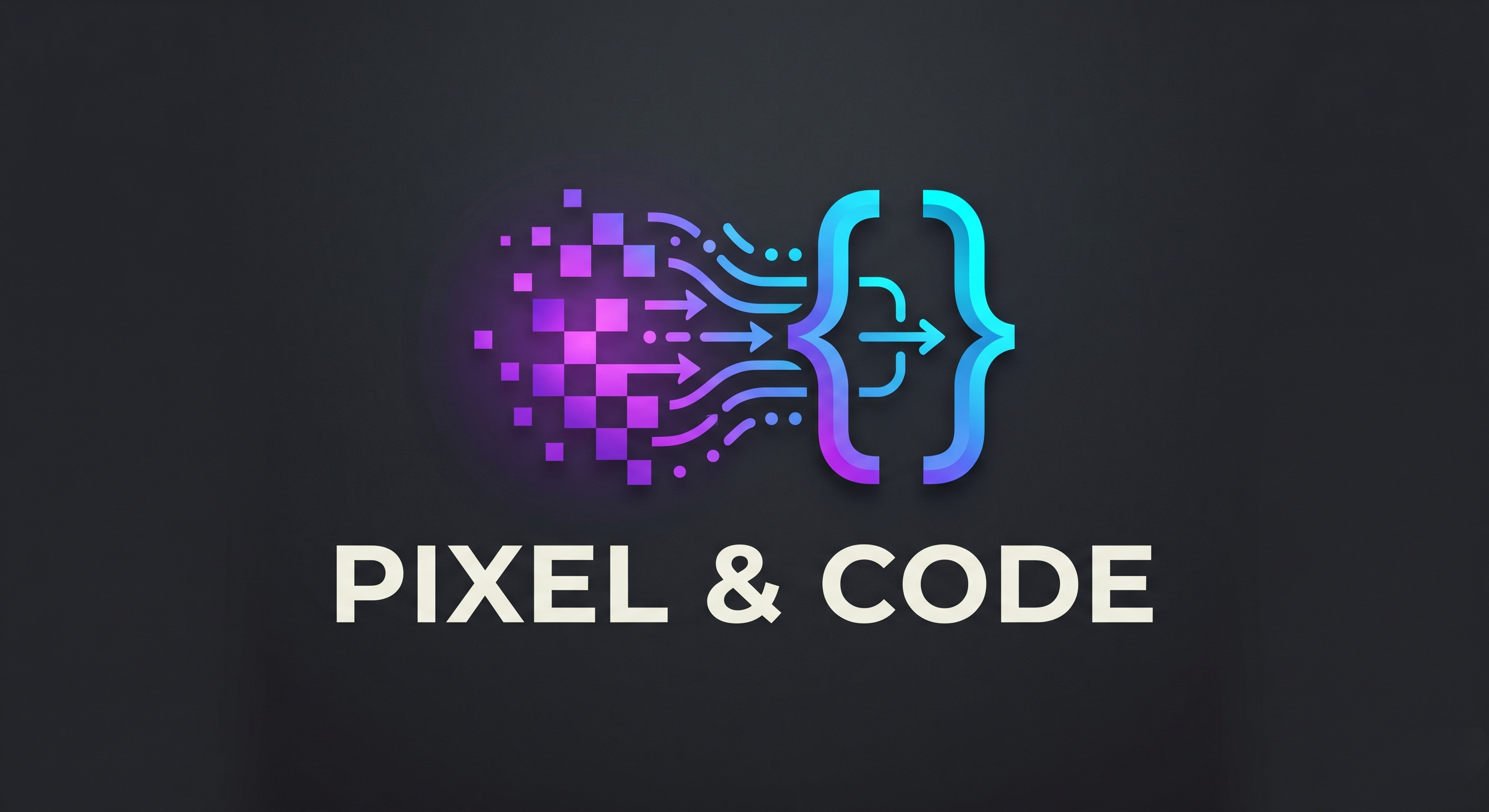 픽셀앤코드 로고 — 픽셀이 코드 브레이스로 흘러드는 모습